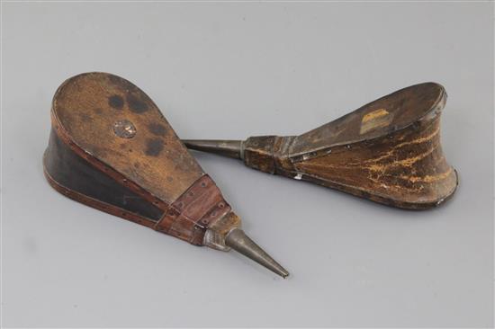 A pair of 18th century treen, leather and brass wig powdering bellows,